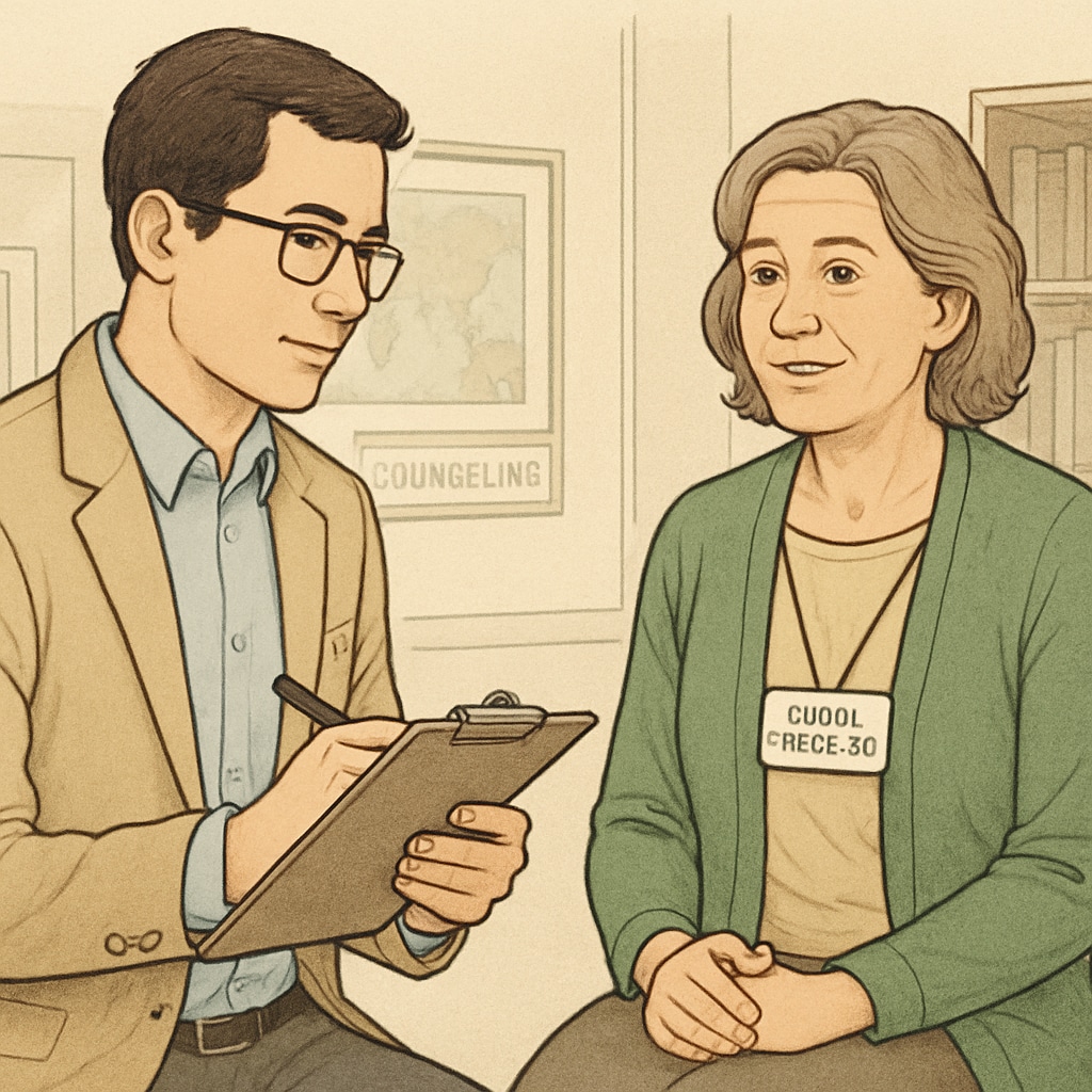 A graduate student holding a clipboard while interviewing a school counselor in an educational setting. Graduate student interviewing a school counselor for academic research assignment.