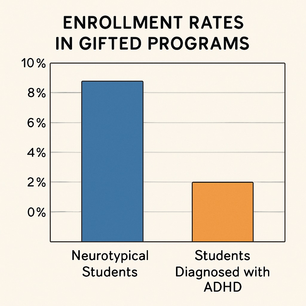 A bar graph illustrating the disparity in gifted program enrollment between neurotypical students and those diagnosed with ADHD. Bar graph showing ADHD student enrollment gap in gifted education.