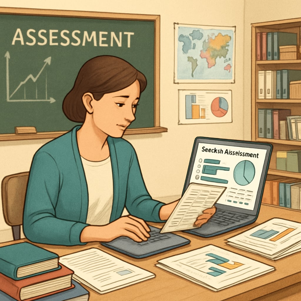 A teacher analyzing student assessment results on a laptop in a classroom setting, emphasizing data-driven teaching decisions. Teacher using student assessment tools in a classroom setting with a laptop.
