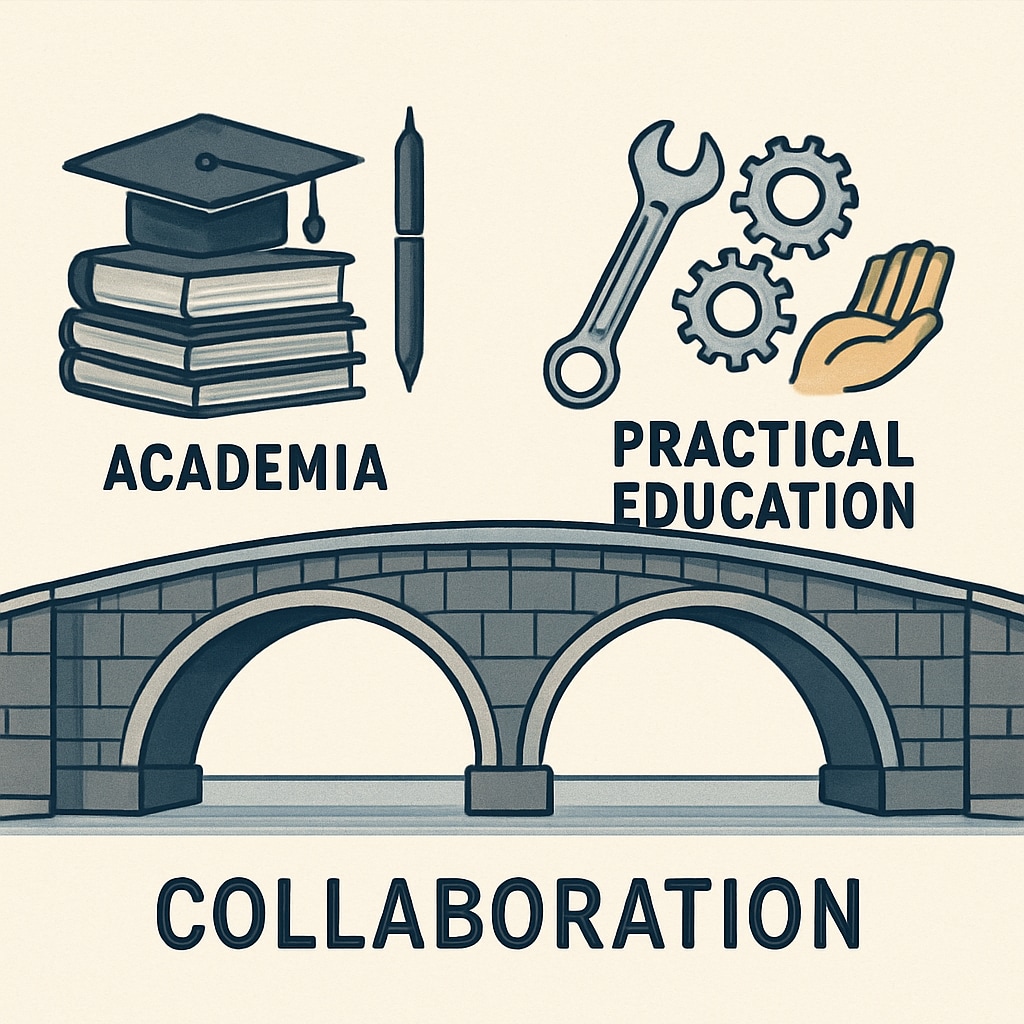 A conceptual image of two bridges connecting academia and practical education, symbolizing collaboration. A symbolic representation of bridging academia and practical education through collaboration.