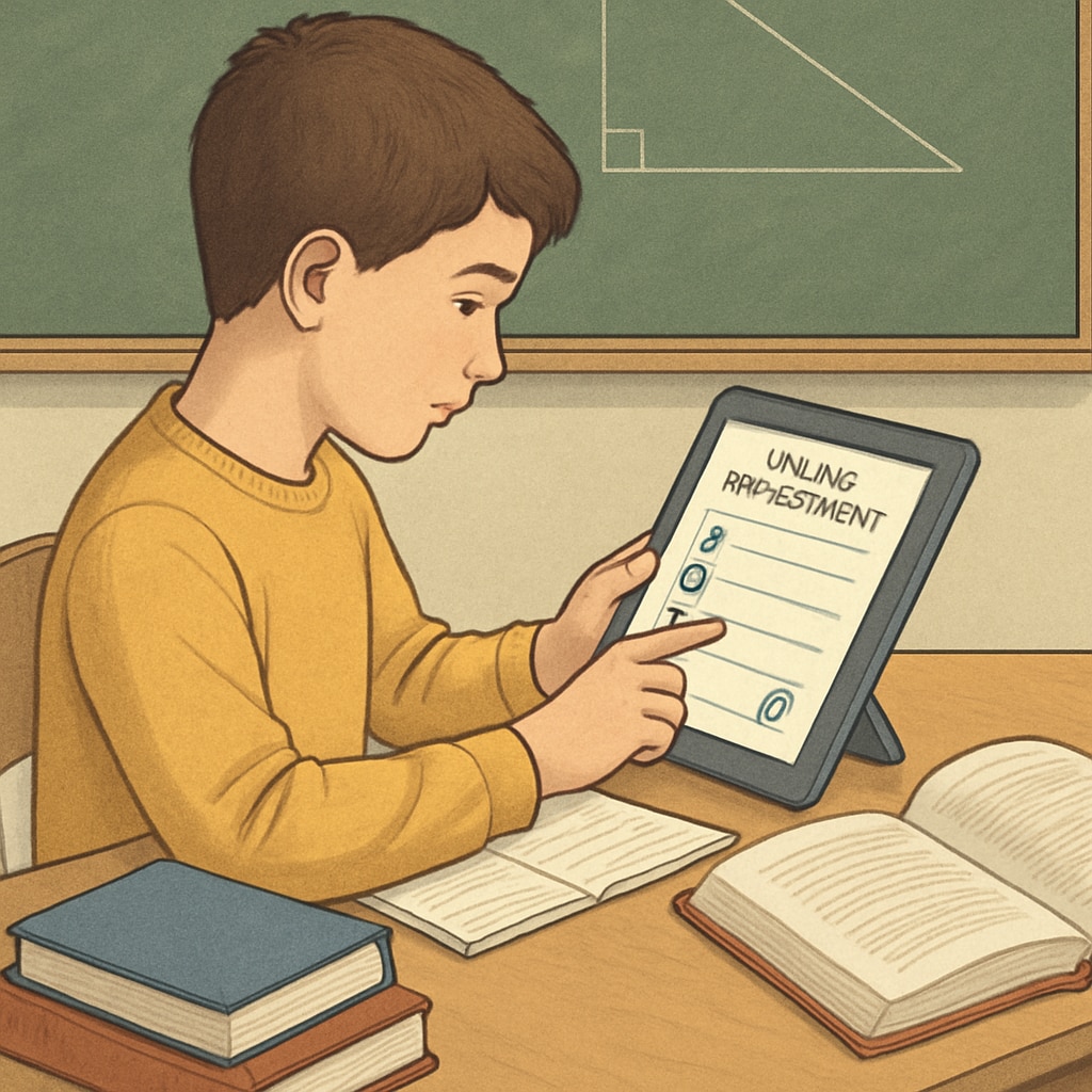 A student using a tablet to take an online assessment in a classroom, representing modern education solutions. Student engaging with online assessment tools in a classroom environment.