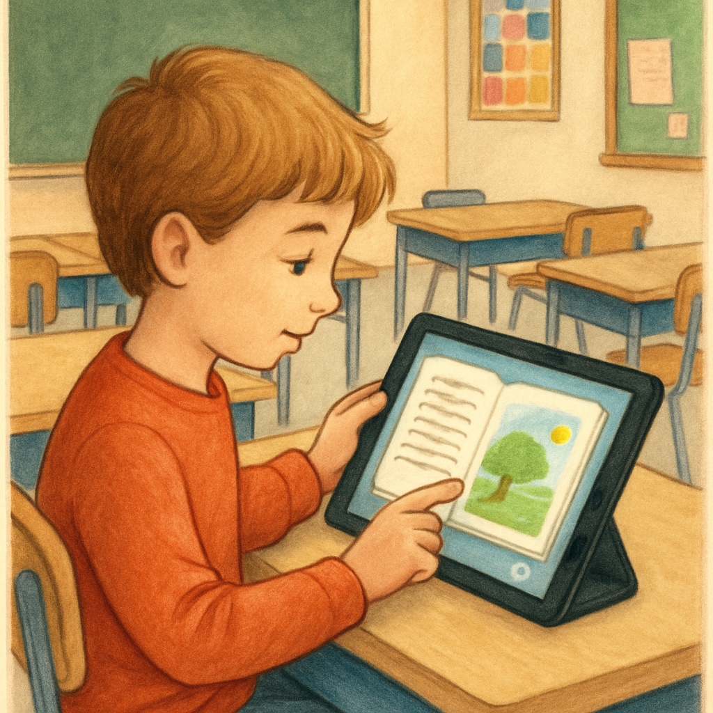 A child using a tablet to explore an interactive reading app, illustrating the concept of digital learning. A child interacting with an Android app for reading.