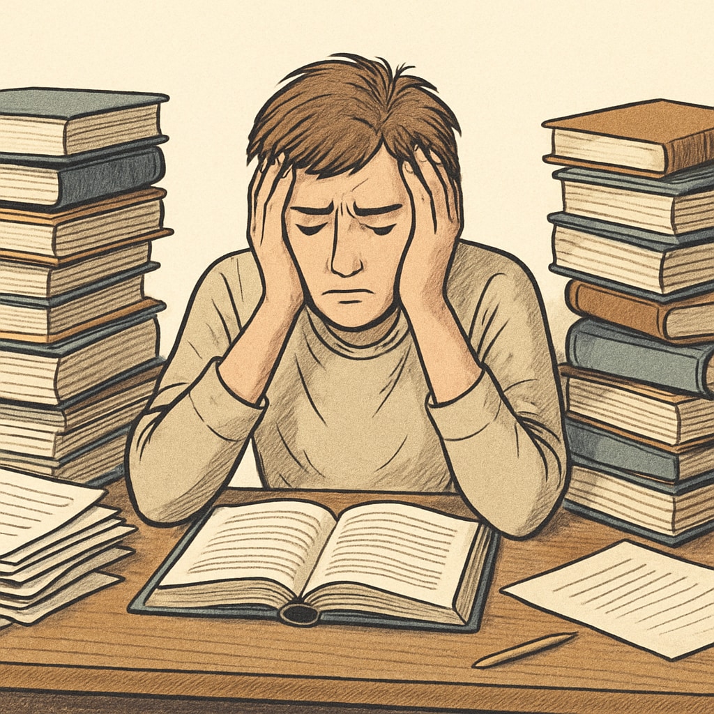 A student looking overwhelmed while studying at a desk surrounded by books, illustrating the pressure of high expectations. Student overwhelmed by studying, symbolizing the burden of the genius label in education.
