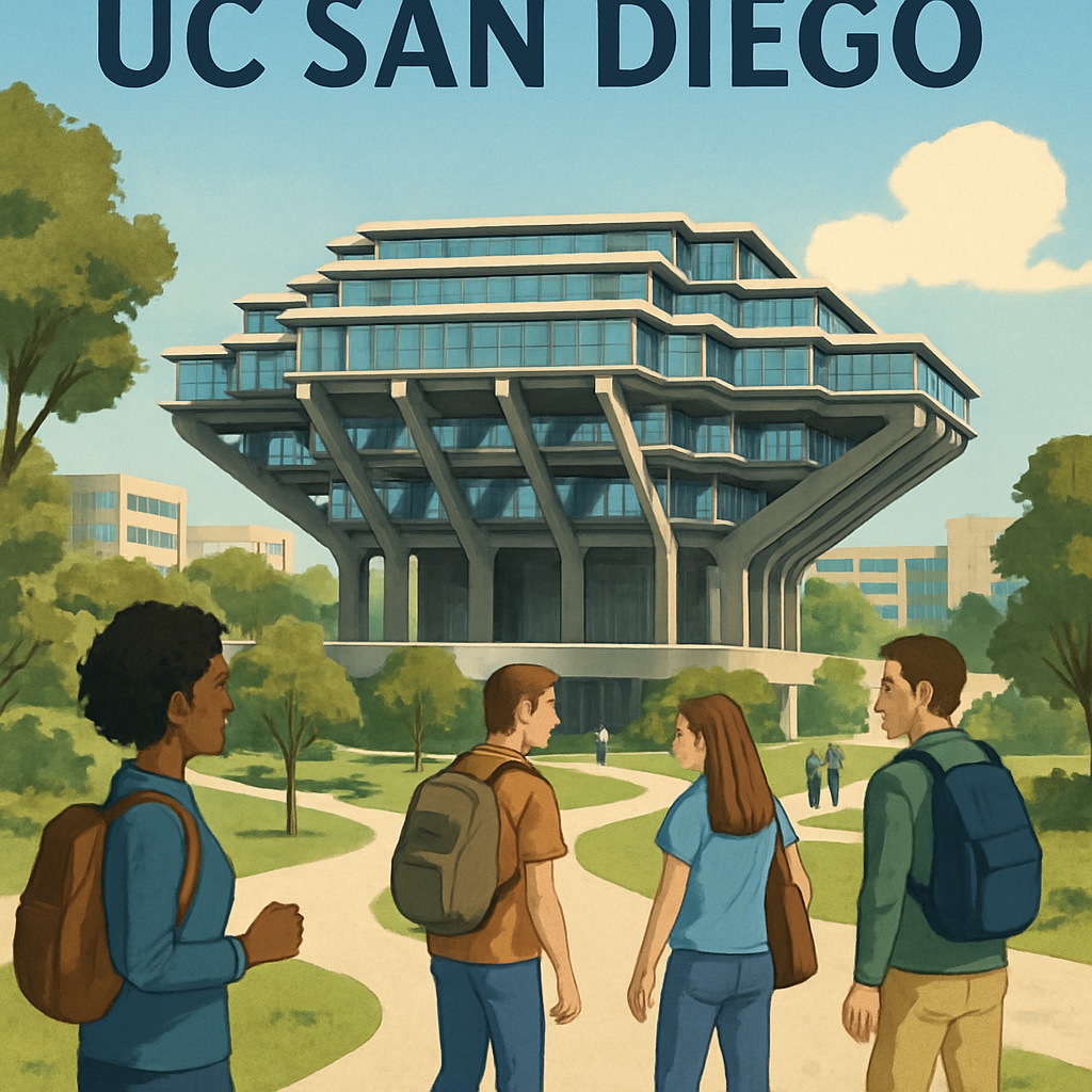 A campus view of UC San Diego, featuring its iconic Geisel Library and students walking across the university grounds. The image symbolizes university growth and expansion. UC San Diego campus view with Geisel Library and students, highlighting university growth.
