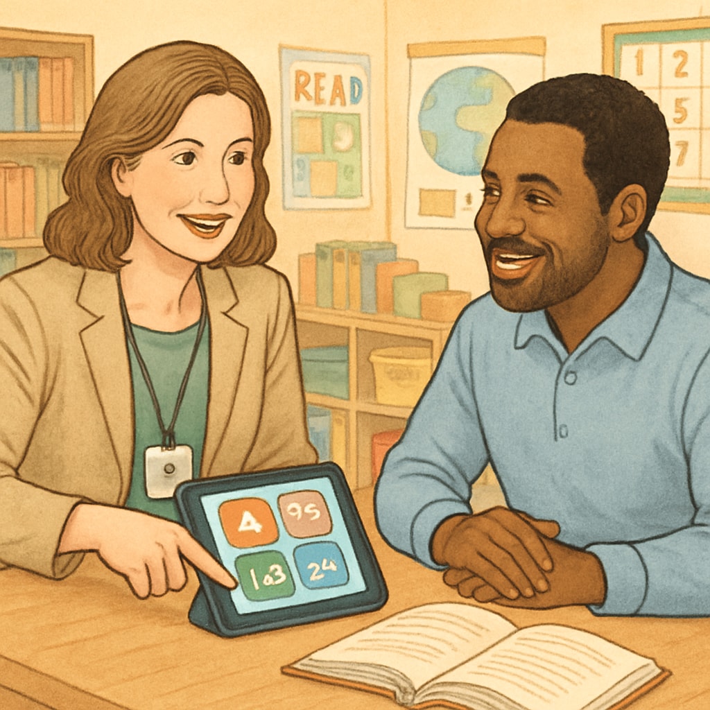 A teacher and a parent discussing educational apps over a tablet, showcasing collaboration in child education. A teacher and parent reviewing educational apps for children.