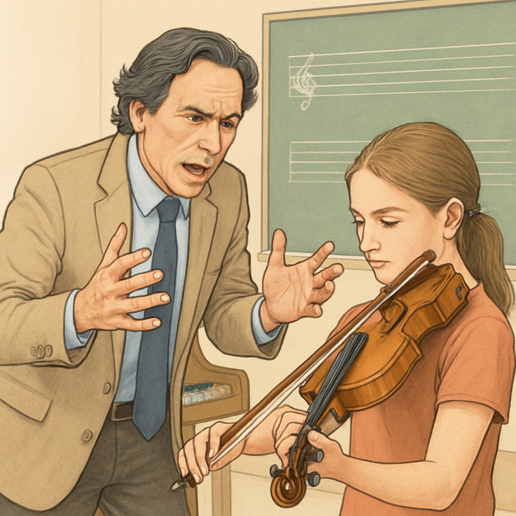 A music teacher passionately instructing a young student, with a mix of intensity and care. A teacher demonstrating a balance of strictness and support in a music lesson.