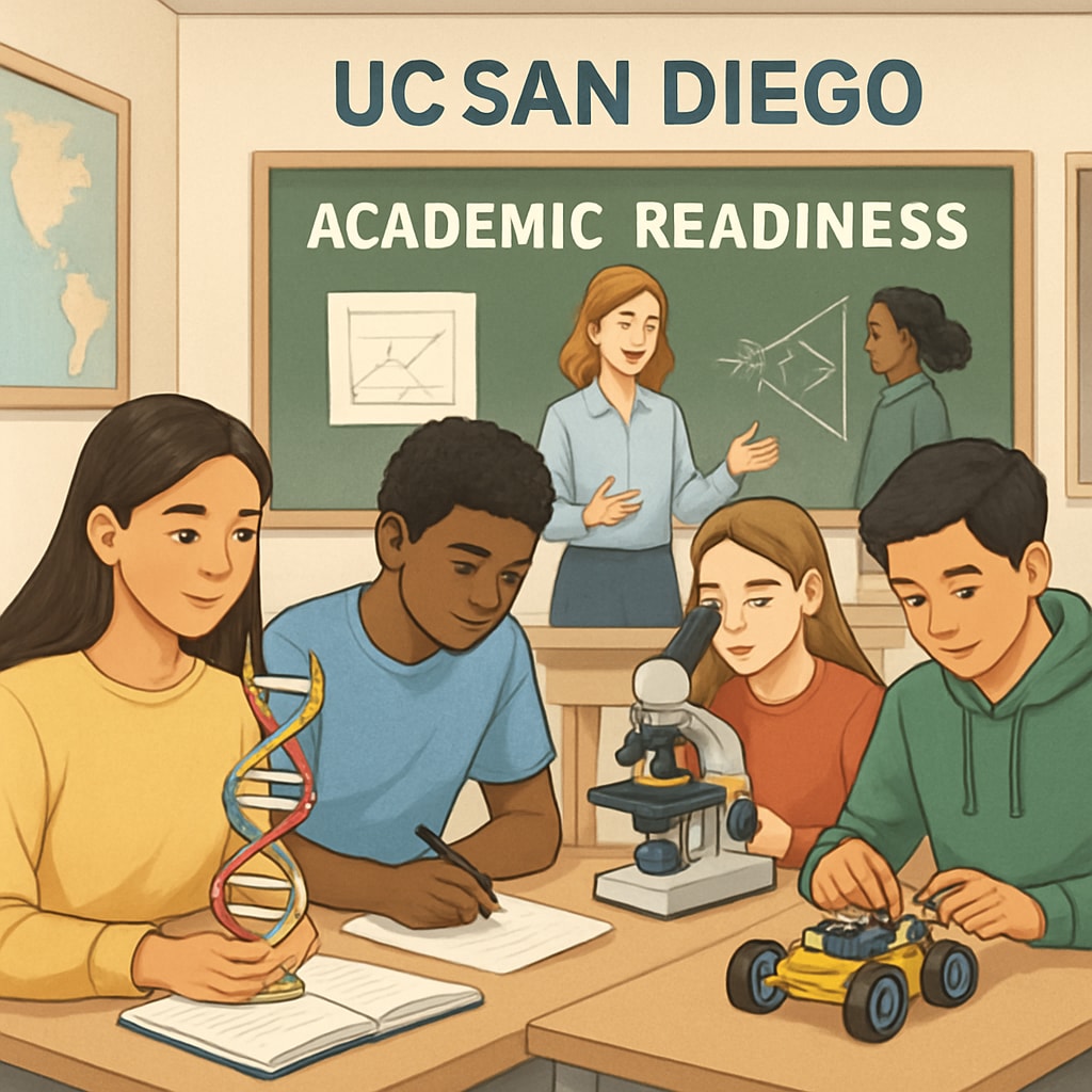 A classroom environment with diverse high school students engaged in STEM activities. The image illustrates the concept of academic readiness as it relates to the UC San Diego enrollment expansion. High school students in a STEM-focused classroom preparing for UC San Diego's enrollment expansion.