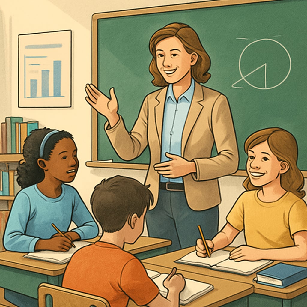 A classroom setting where a teacher provides both guidance and encouragement to a group of engaged students. A teacher fostering an environment of support and challenge in a classroom.