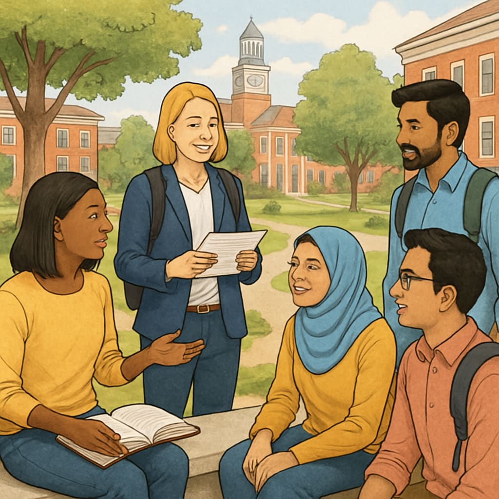 Students on an American university campus discussing U.S. master's application opportunities.