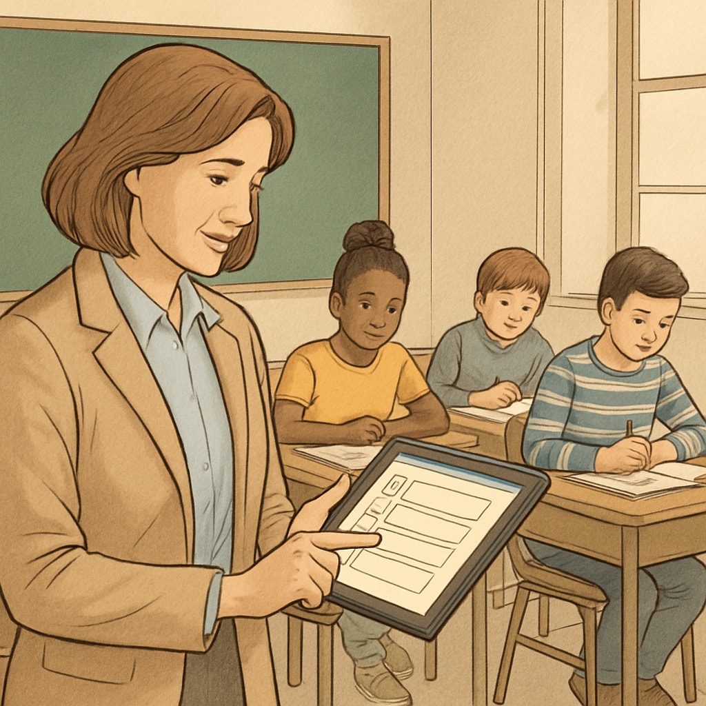 Teacher implementing K12 student test resources using technology.
