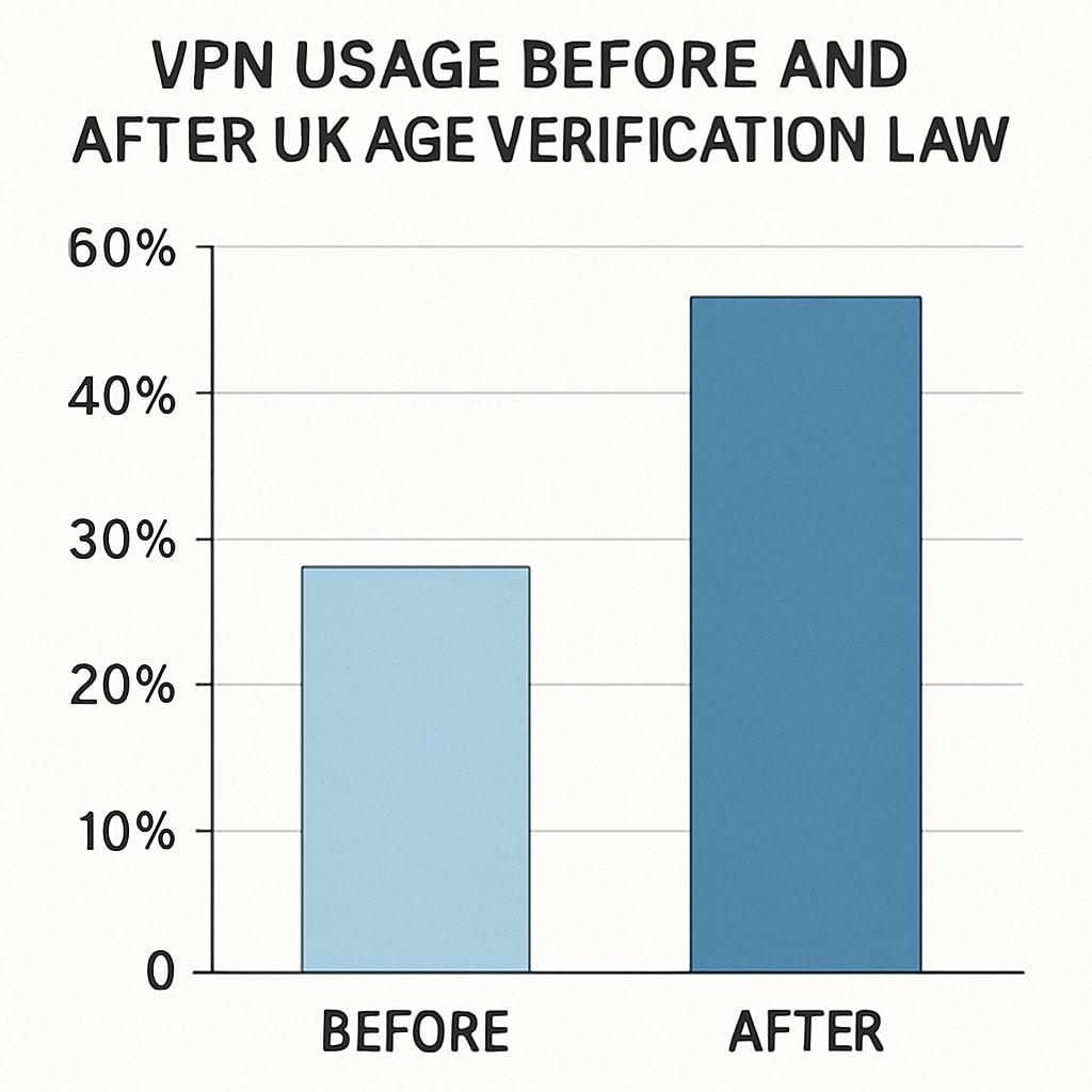 A diagram illustrating VPN usage statistics before and after the UK's age verification law implementation. VPN usage statistics after the UK's age verification law implementation