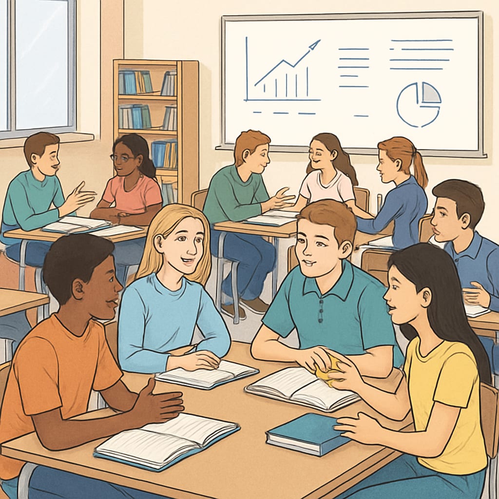 A classroom setting where students are engaged in group discussions, fostering critical thinking and collaborative learning. Students discussing ideas in a classroom, promoting critical thinking and teamwork.