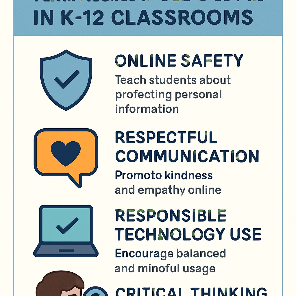 An infographic showing tips for teaching digital citizenship in K12 classrooms. Digital citizenship tips for K12 education