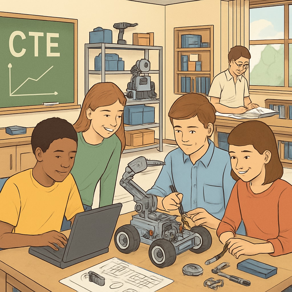 Students in a well-equipped classroom working on a robotics project, symbolizing the integration of CTE with traditional academics. Students working on robotics in a CTE-integrated classroom.