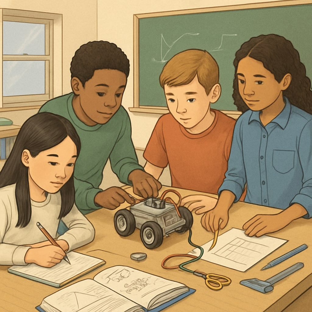 Students working on STEM projects, showcasing analytical and problem-solving skills. Students collaborating on STEM activities, demonstrating critical thinking and innovation.