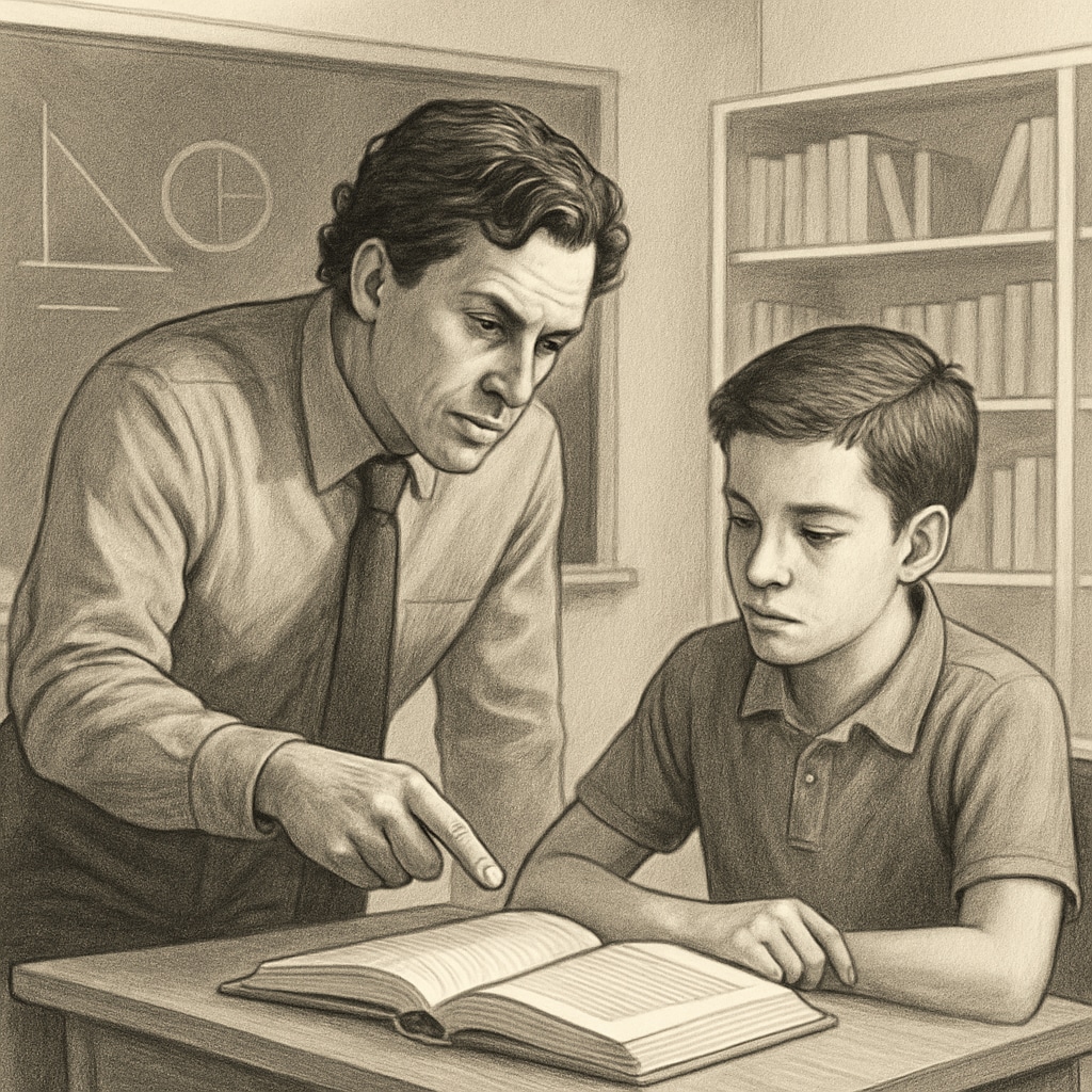 A classroom scene where a teacher is coaching a student with intensity but showing visible care, highlighting the ethical balance in education. Teacher coaching a student with intensity and care in a classroom setting.