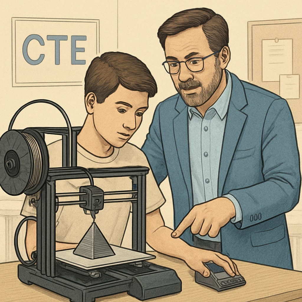 A high school student working on a 3D printer with a teacher supervising, illustrating hands-on learning in a CTE program. High school student learning on a 3D printer in a CTE program.
