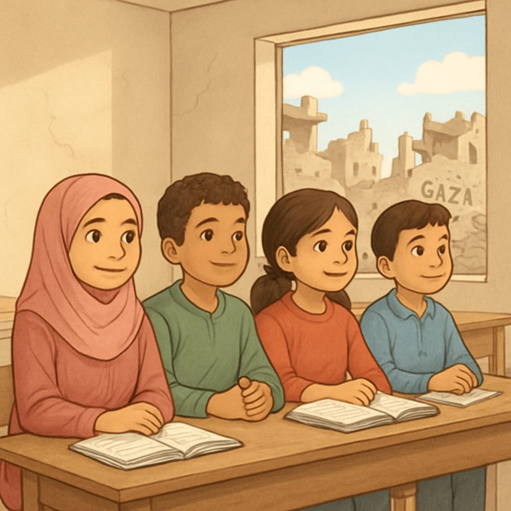 Gaza school children attending a class, representing rebuilding efforts in education.