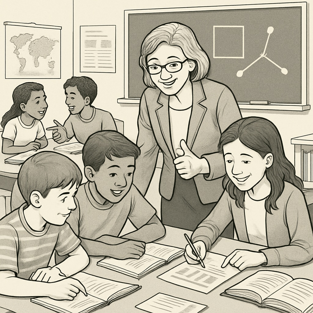 A collaborative learning activity in a classroom, with a teacher encouraging students to work together and support each other. Teacher encouraging students in a collaborative learning environment.