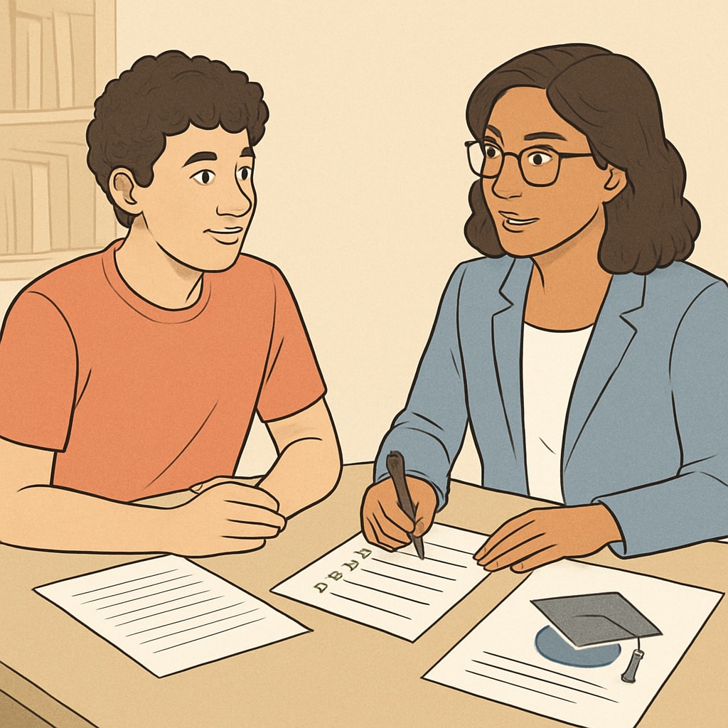 A high school student reviewing credits and graduation requirements with a counselor, symbolizing academic planning. High school student credit review with counselor, academic planning.