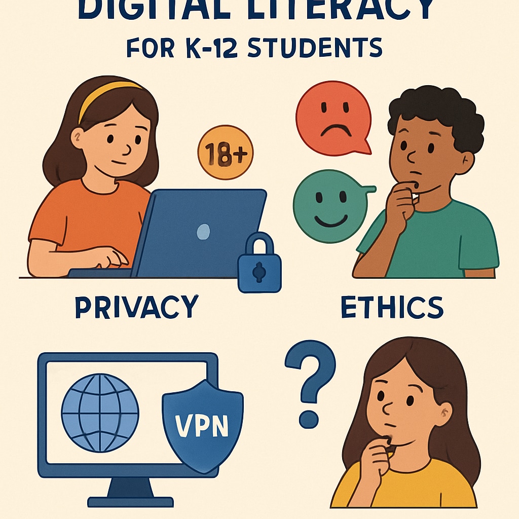 Infographic on digital literacy principles for K12 education related to VPN and age verification.