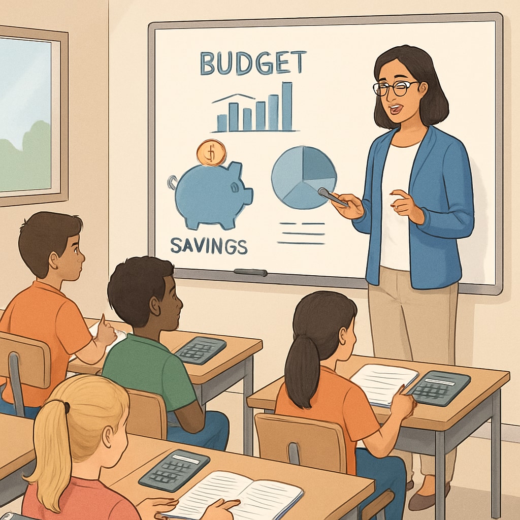 A classroom setting where students are learning financial concepts, such as budgeting and saving. Students learning financial literacy, including budgeting and saving
