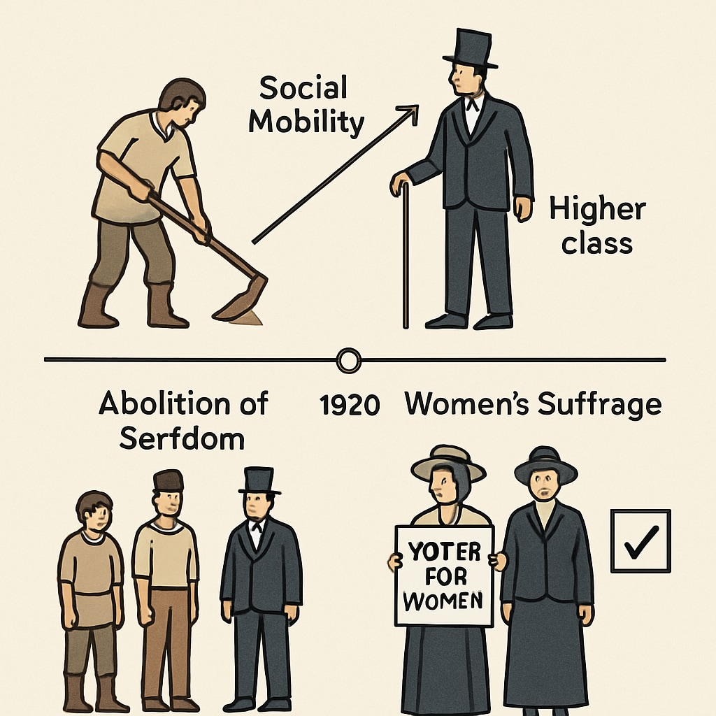 An infographic illustrating social mobility through historical examples, such as the abolition of serfdom and women's suffrage movements. Infographic showing examples of social mobility and societal reform in history.