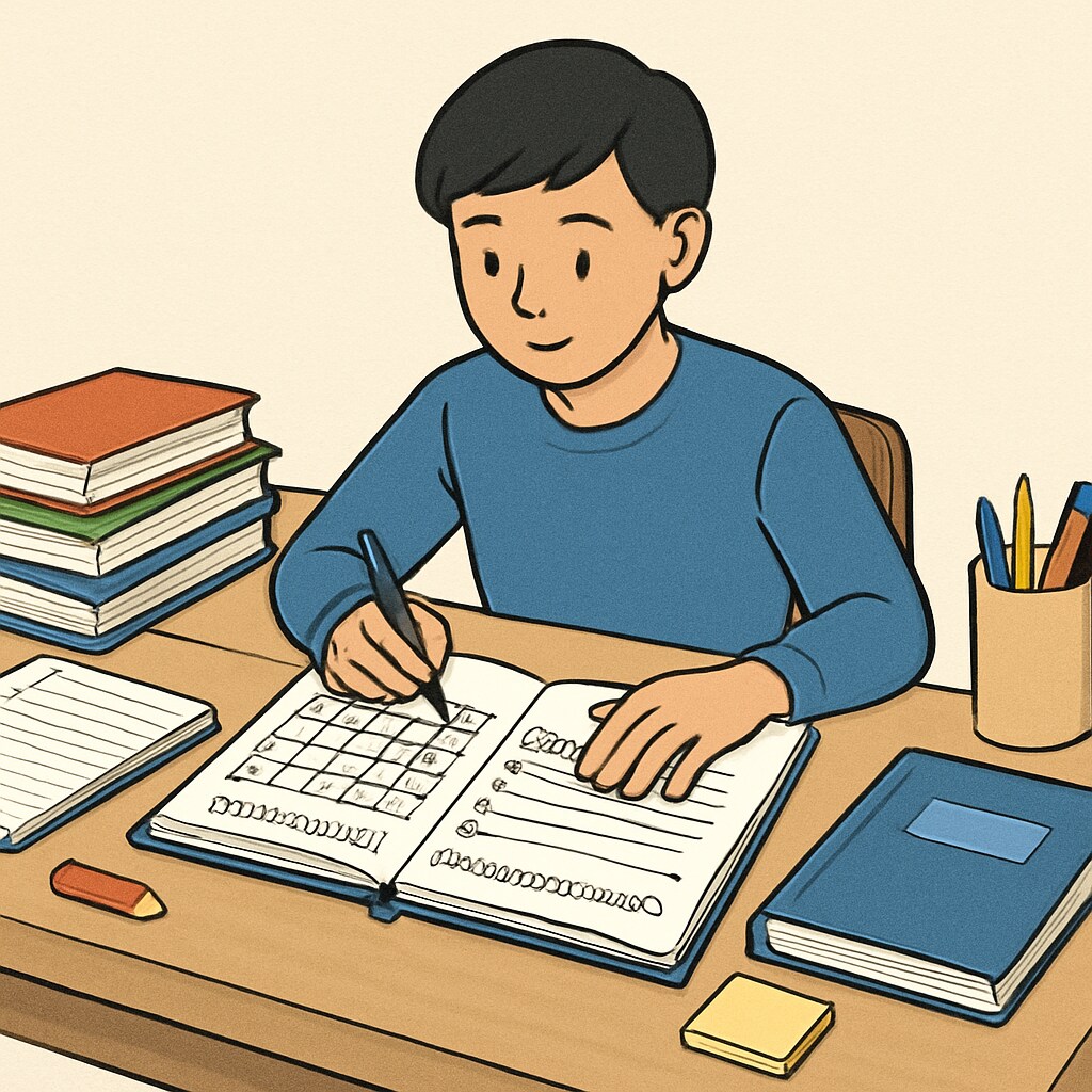 A student using a planner to organize study schedules and extracurricular activities. Student practicing time management with a planner