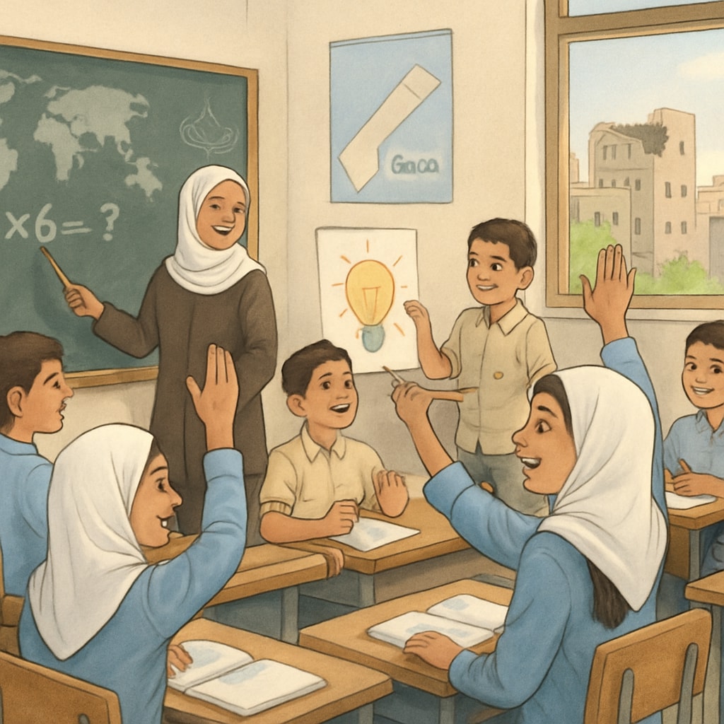 Gaza classroom with students and interactive learning, reflecting hope and resilience.