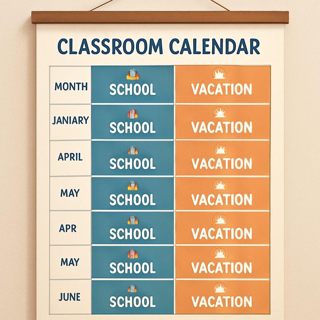 Year-round distributed education calendar visualizing alternating weeks of school and rest.