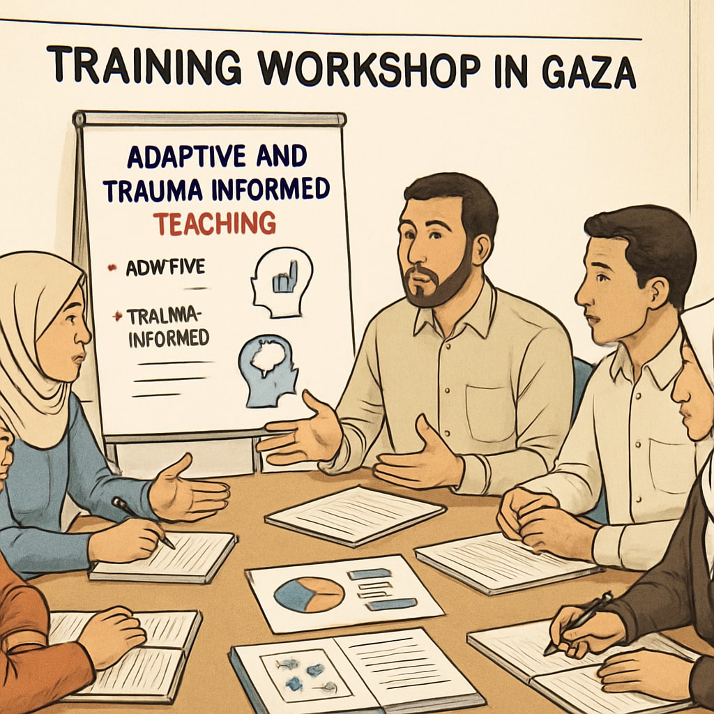 Gaza teachers in a workshop discussing trauma-informed and adaptive teaching techniques.