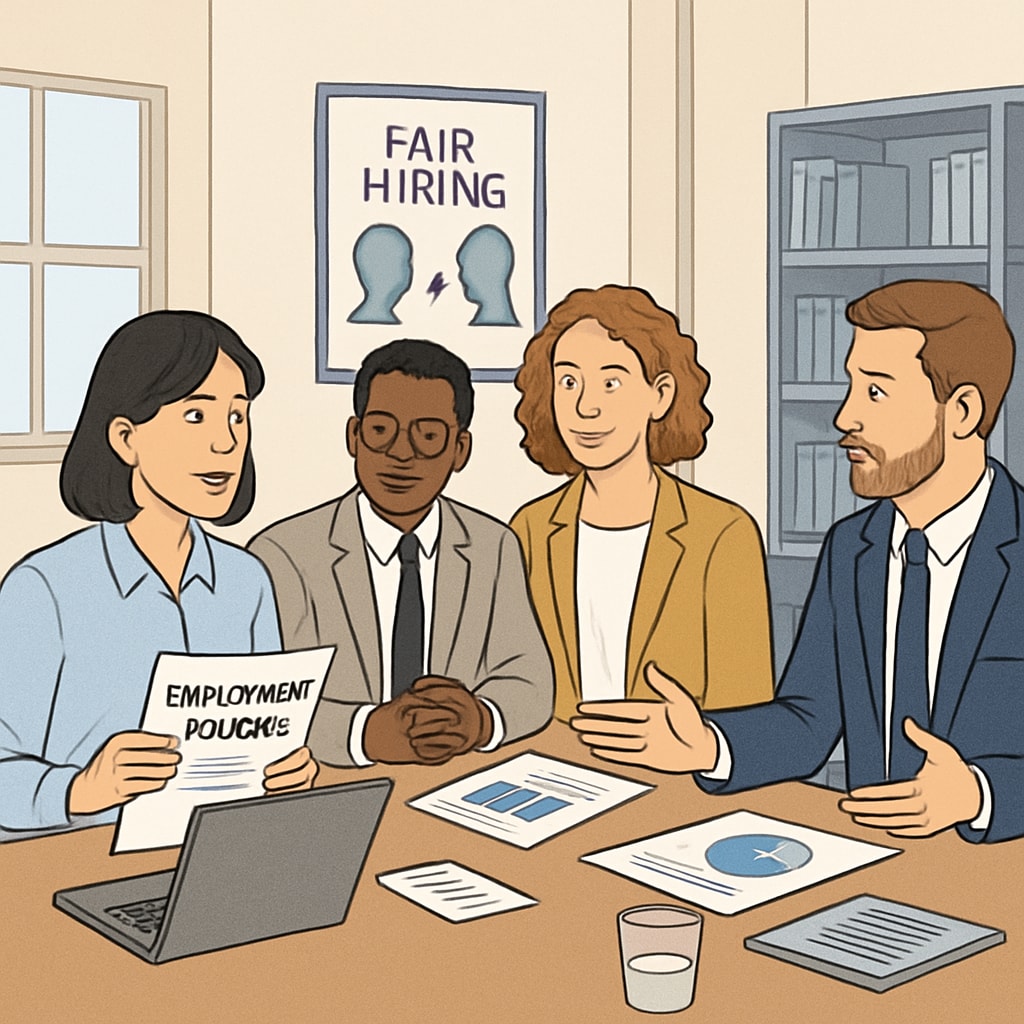 A professional office setting where individuals with diverse educational qualifications are discussing employment policies, emphasizing the importance of fair hiring practices. A professional setting depicting a discussion on fair hiring policies, highlighting education qualifications.