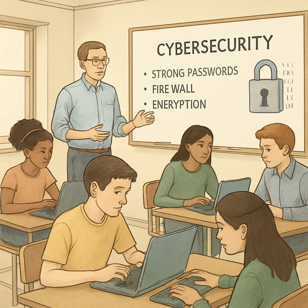 A classroom of high school students engaged in a coding workshop, emphasizing cybersecurity principles. High school students learning coding and cybersecurity fundamentals.