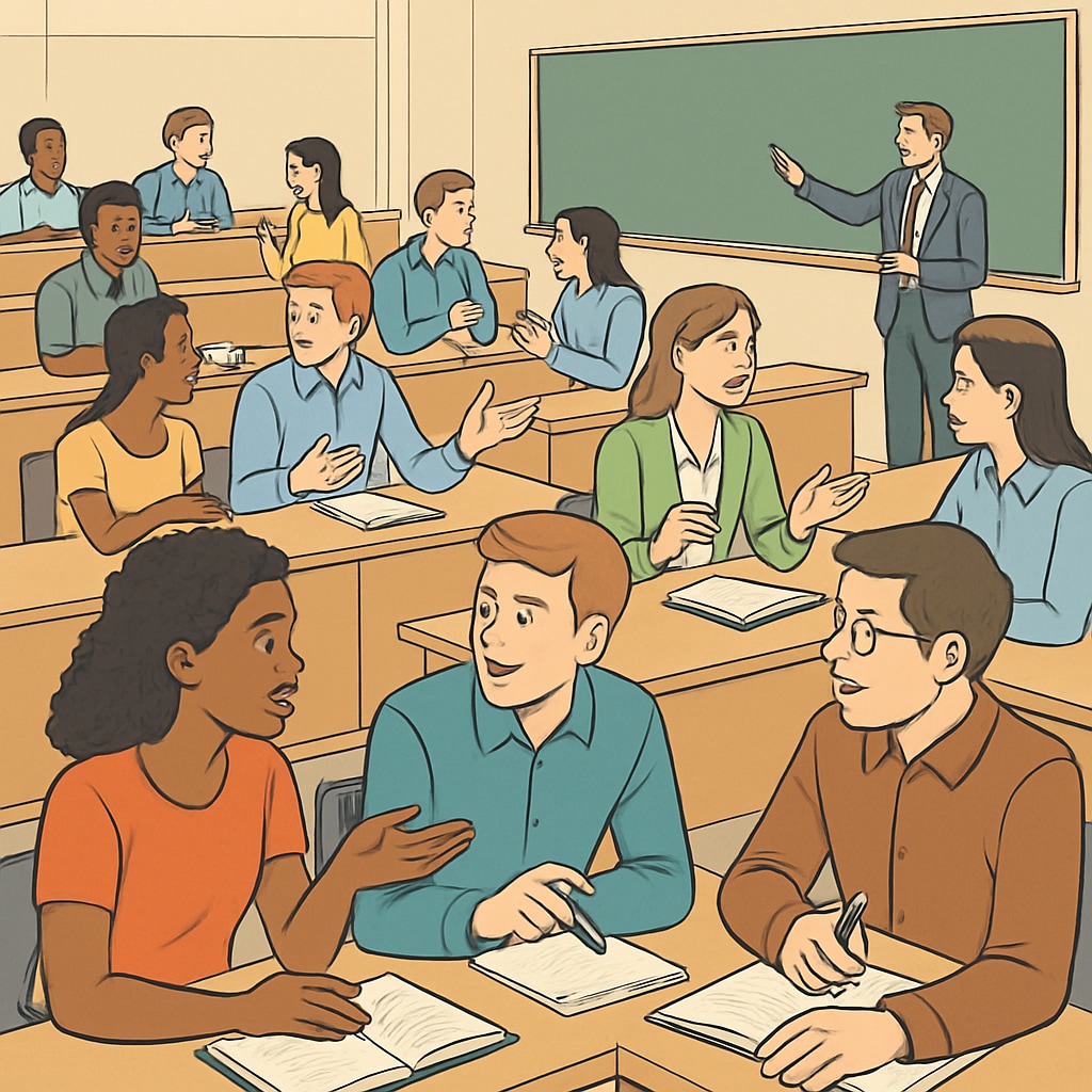 A classroom or lecture hall with students engaged in discussions, symbolizing the value of higher education in shaping critical thinking and innovation. A lecture hall showing students engaged in learning, emphasizing the importance of higher education.