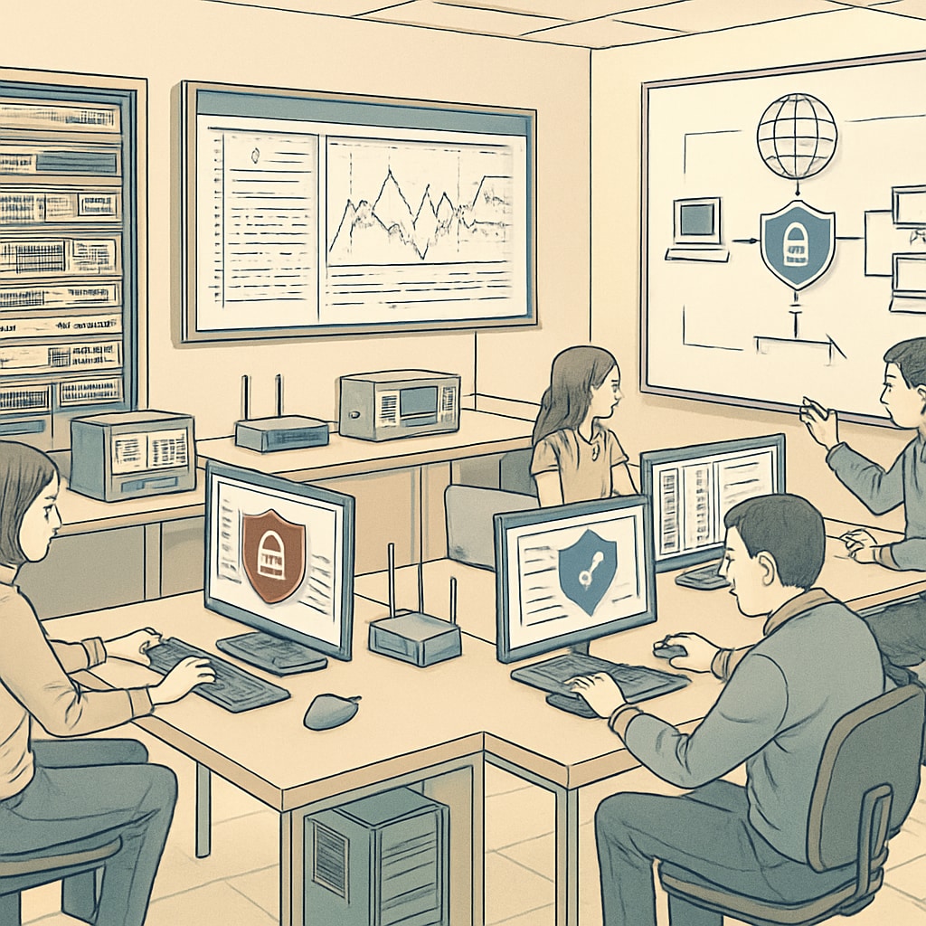 A university laboratory equipped with advanced cybersecurity tools, where students are performing a network security simulation. University laboratory for cybersecurity simulations and advanced research.