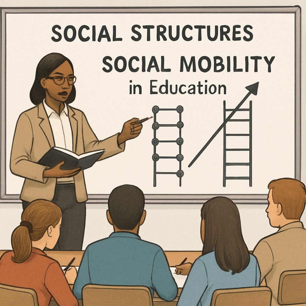 A classroom with a teacher explaining social structures on a whiteboard, emphasizing the topic of social mobility in education. Teacher explaining social mobility and class systems in a classroom setting.