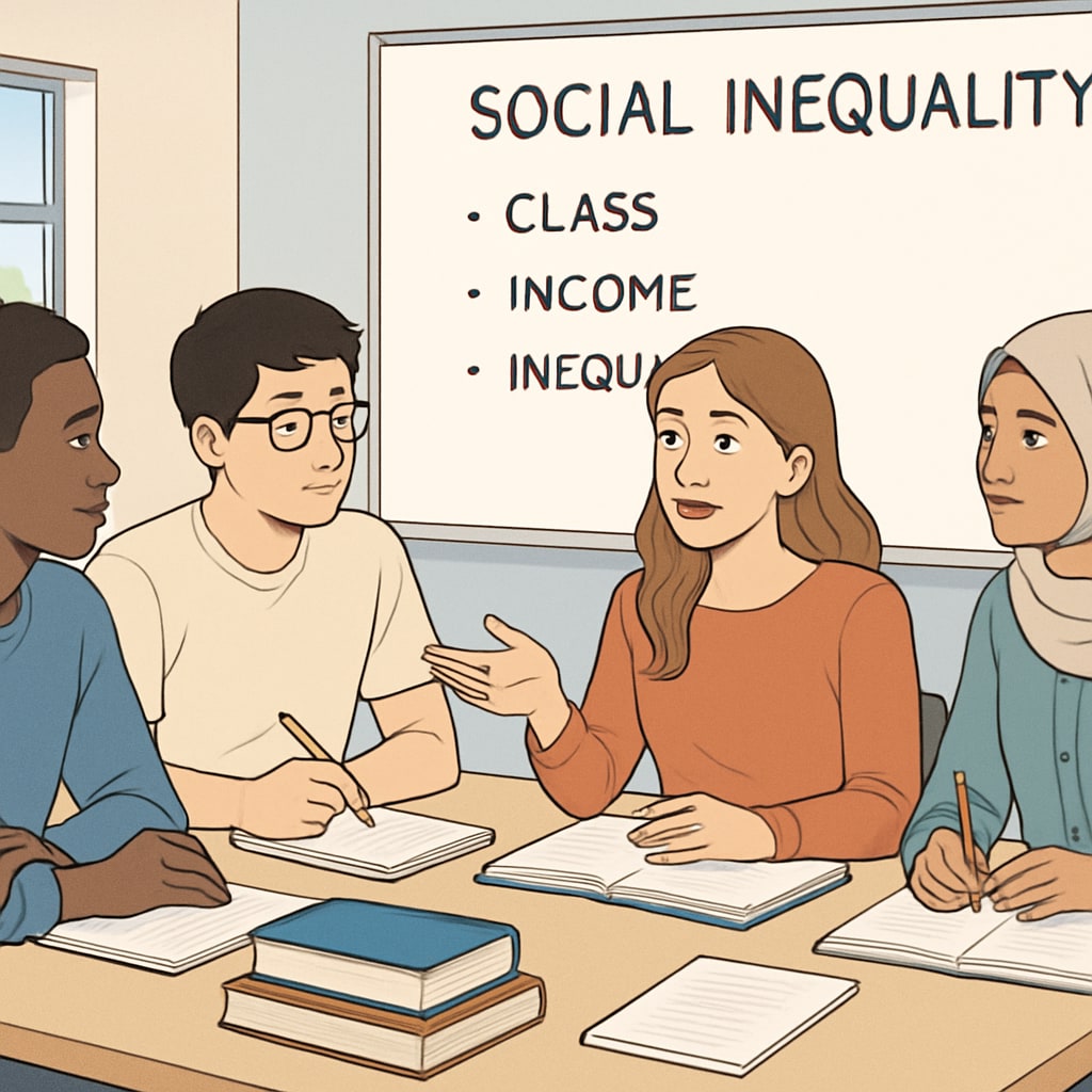 A group of diverse students engaged in a discussion about social inequality, representing active learning about sociological concepts. Students discussing social mobility and inequality during a class activity.