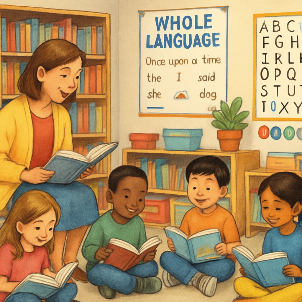 A colorful classroom with children reading books under the guidance of a teacher, illustrating the Whole Language approach. Children reading in a classroom, guided by Whole Language teaching methods.