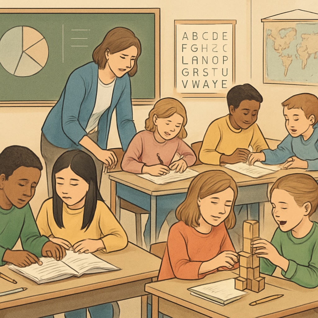 A classroom setting where students are engaged in collaborative activities, symbolizing diverse learning approaches. Students participating in group activities to represent diverse learning and evaluation methods.