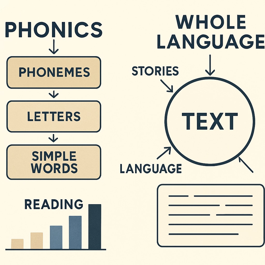An illustration comparing the step-by-step structure of Phonics with the holistic immersion approach of Whole Language. Comparison of Phonics and Whole Language teaching methods for reading.