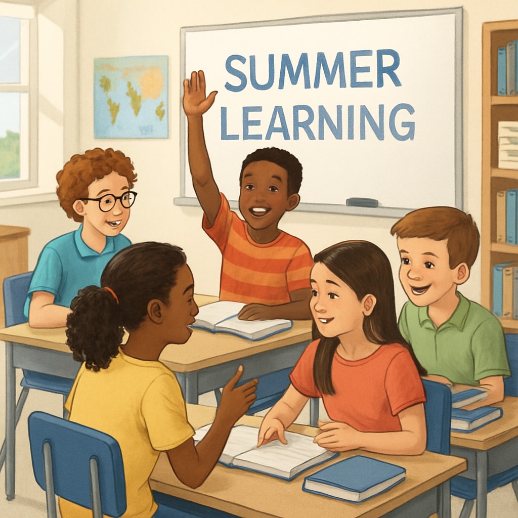 A group of students actively participating in a summer learning program in a classroom setting. Students in a classroom participating in a summer learning program, showcasing year-round schooling benefits.
