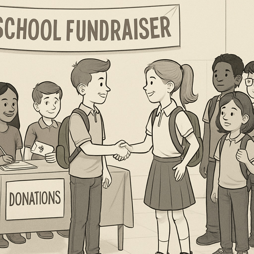 Students at a school fundraiser, highlighting disparities based on donation levels.