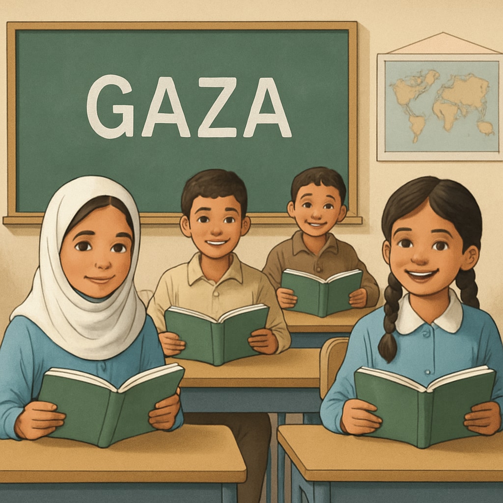 A classroom in Gaza with children holding textbooks, symbolizing hope and education rebuilding. Gaza classroom with students holding books, representing education rebuilding.