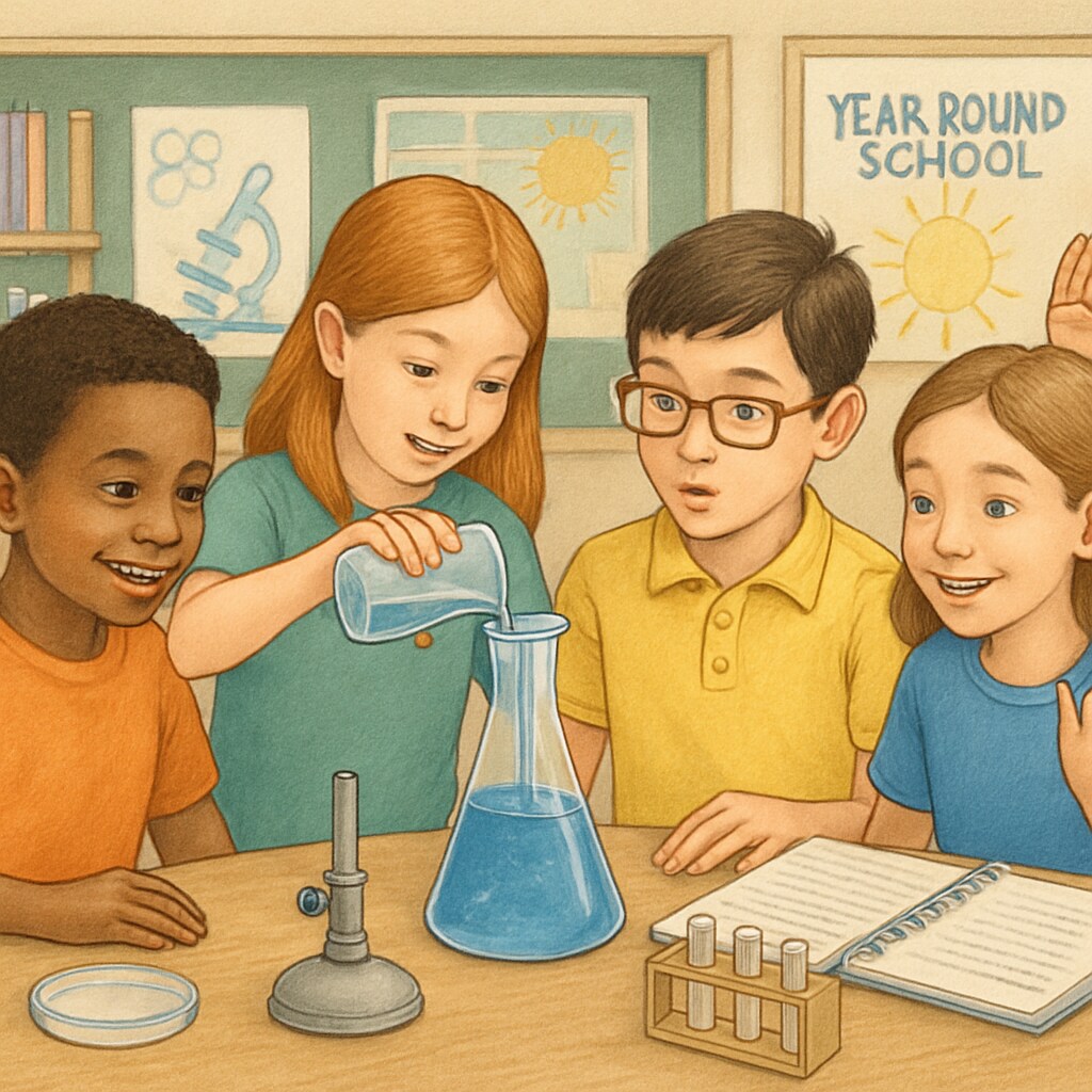 Students happily engaging in a hands-on science experiment in a year-round school program. Students conducting a science experiment as part of a year-round schooling program.