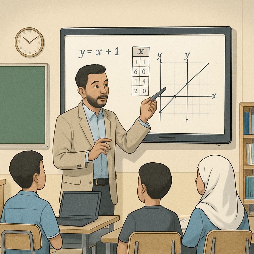An educator using a digital whiteboard in a Gaza classroom, showcasing innovative teaching methods. Teacher using digital tools in a Gaza classroom for modern education.
