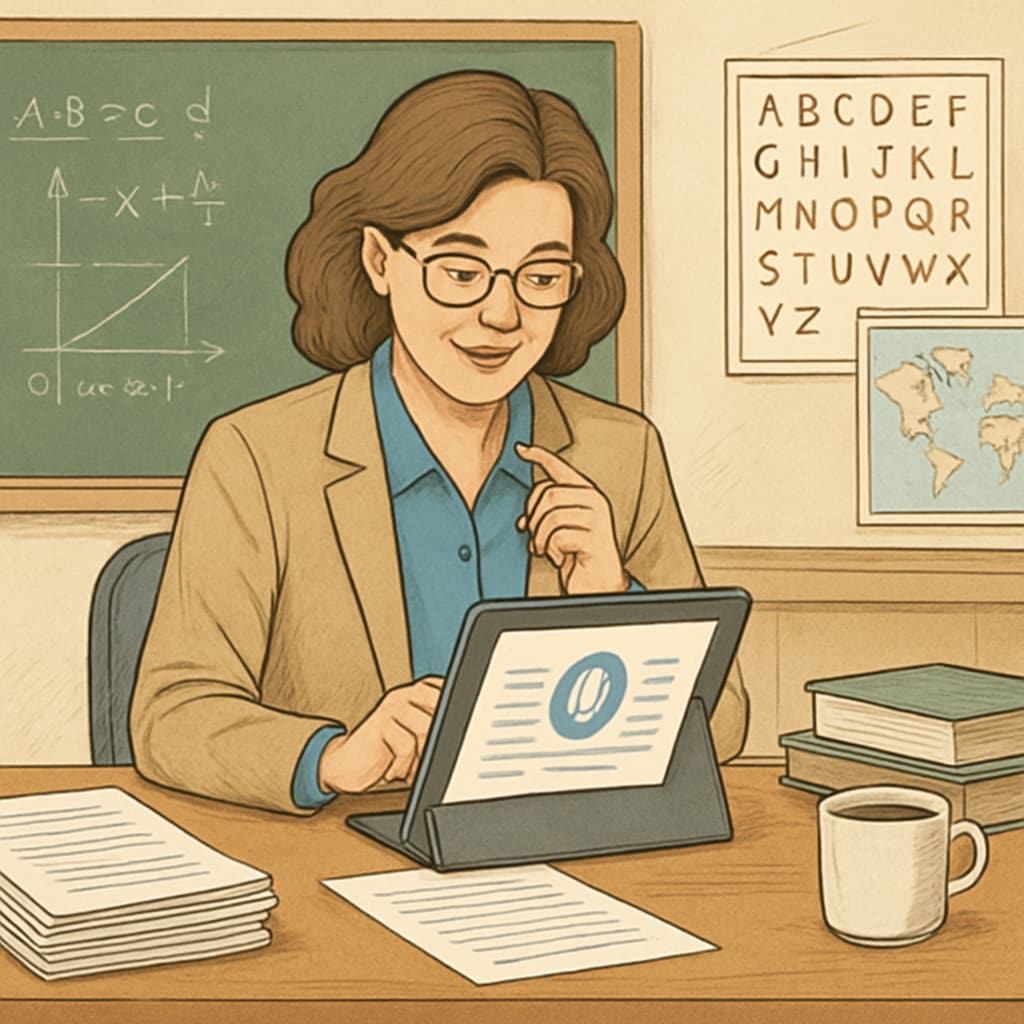 A teacher using a voice-to-text app to review student assignments, symbolizing streamlined administrative work. Teacher using voice-to-text technology for feedback.