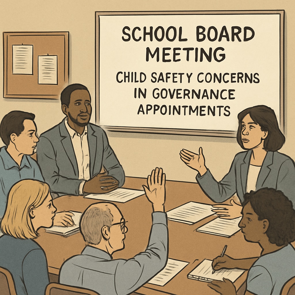 A school board meeting where parents and community members actively discuss child safety concerns in governance appointments. Parents and community members addressing child safety concerns during a school board meeting.