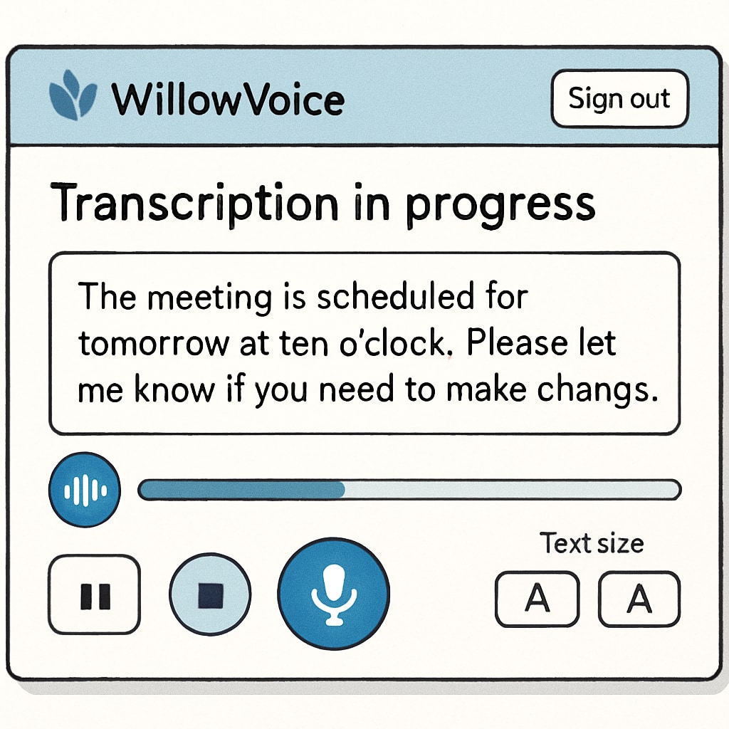 Illustration of WillowVoice's interface showing transcription in progress, highlighting user-friendly design. WillowVoice interface demonstrating transcription features.