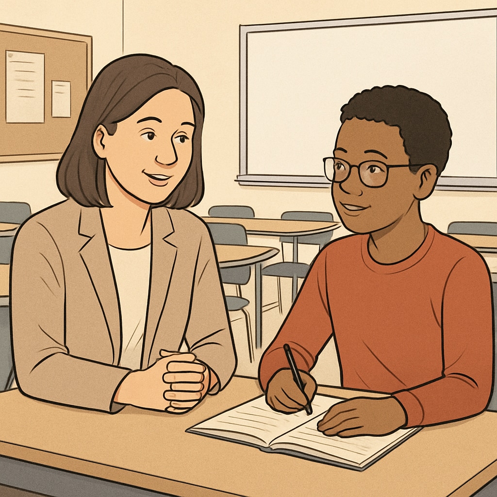 School counselor and student discussing academic goals in the classroom