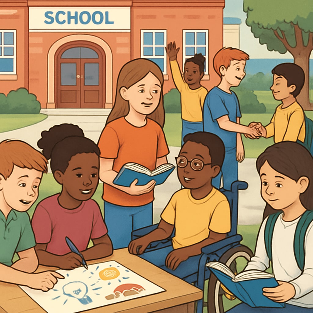 A group of diverse students participating in a school event, showcasing inclusivity in education. Diverse students participating in a school event, promoting inclusivity.